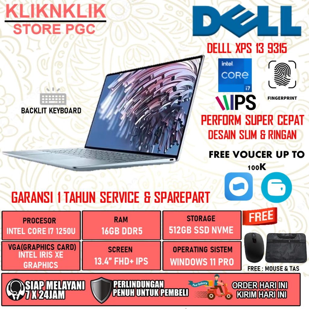 LAPTOP DELL XPS 13 INTEL CORE I7 1250U RAM 16GB 512GB SSD IRIS XE FHD+ WINDOWS 11 PRO