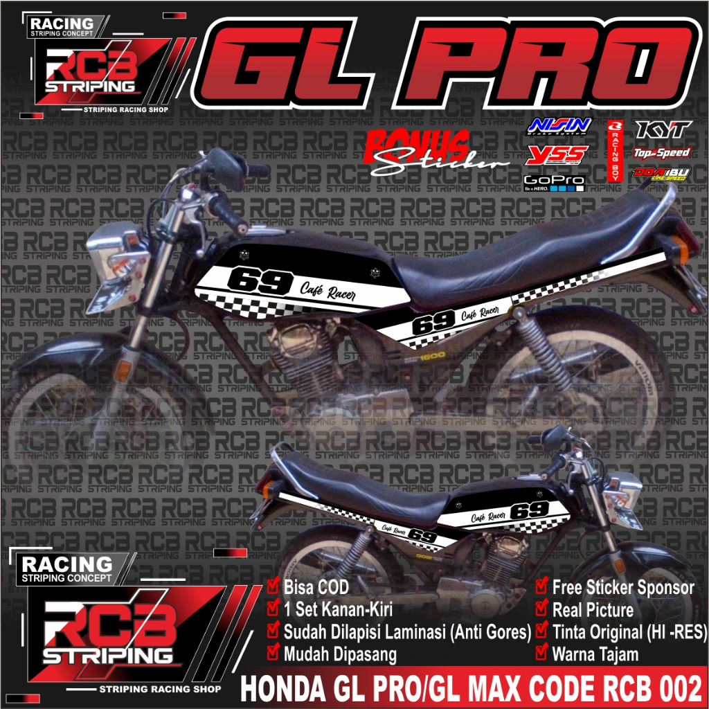 STRIPING STICKER VARIASI GL / STIKER GL MAX / STRIPING GL PRO MOTIF CAFE RACER. CODE RCB 002