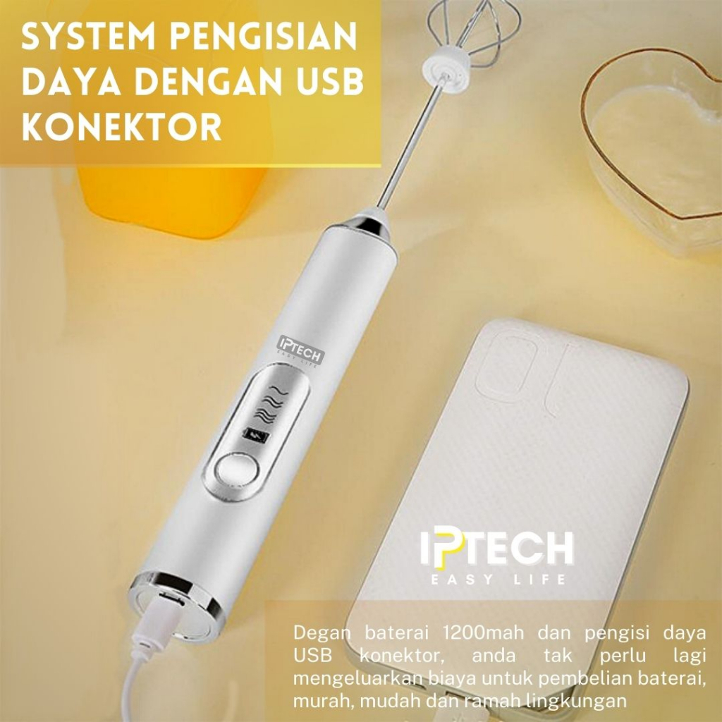 IPTECH HAND MIXER l PENGOCOK MINUMAN l WISK Portable Otomatis 3 Kecepatan dengan USB Charger