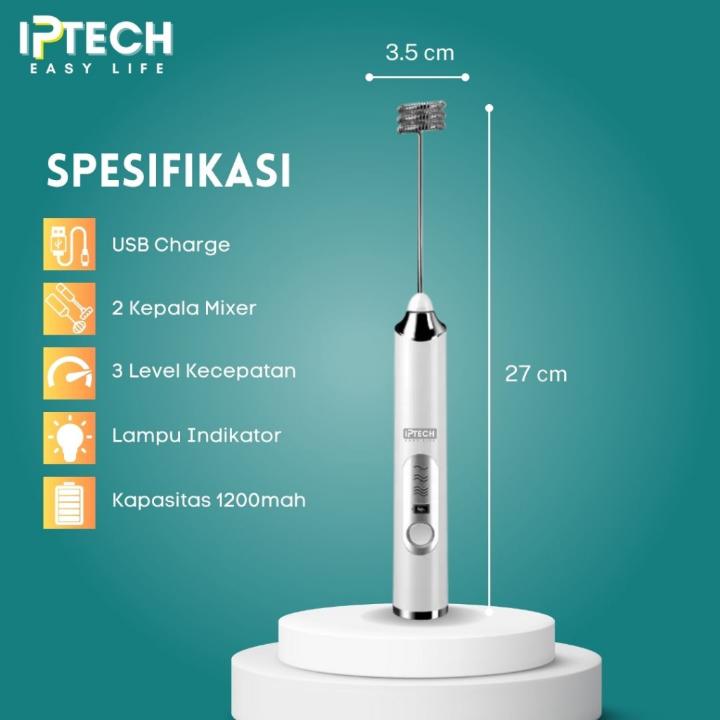 IPTECH HAND MIXER l PENGOCOK MINUMAN l WISK Portable Otomatis 3 Kecepatan dengan USB Charger