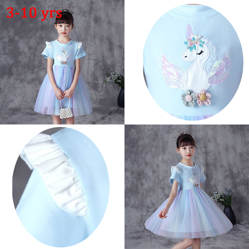 3-10 thn Gadis Unicorn Gaun Kasual Musim Panas Gaun Rainbow Mesh Cute Girl Dress Hadiah Ulang Tahun