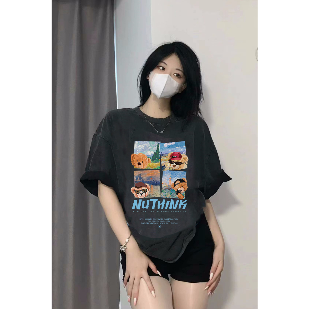 EUNII T-shirt Lengan Pendek Black Washed Cartoon Bear Traveling Printing Korean Style/Kaos Atasan Wanita/Baju Wanita/Kaos Wanita