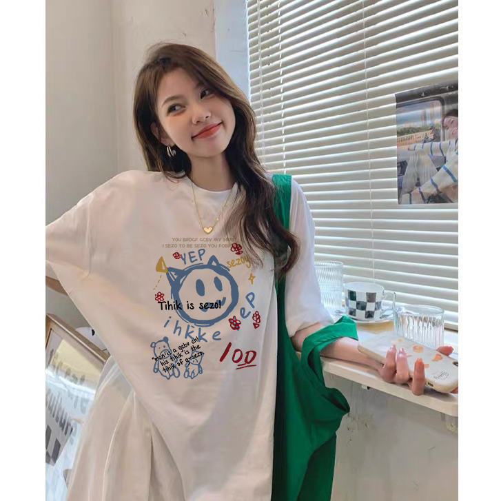 baju oversize wanita lengan pendek korean style cartoon bear motif printed t-shirt causual import kaos puith