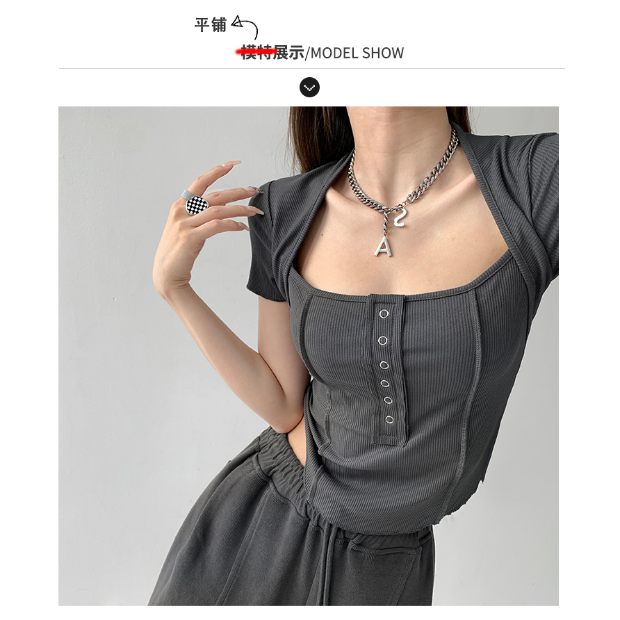 【MISSHONEY】 Square Neck Short Sleeve Button up Stretchy Crop Top 7010 S/M/L