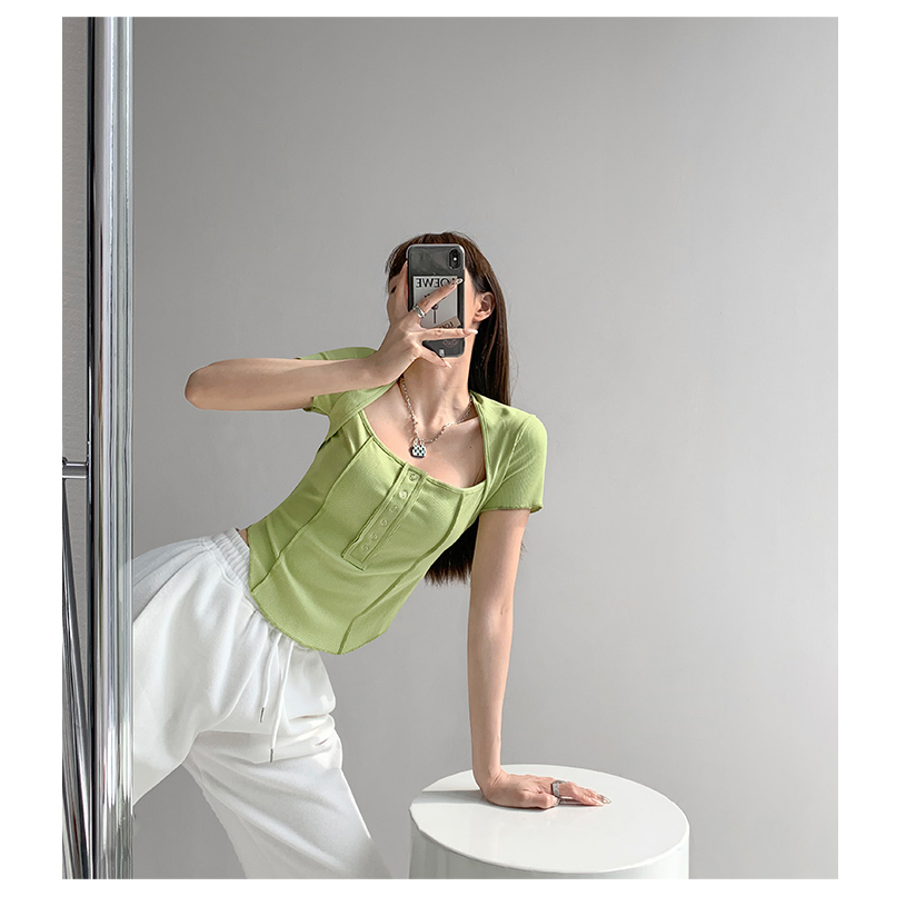 【MISSHONEY】 Square Neck Short Sleeve Button up Stretchy Crop Top 7010 S/M/L