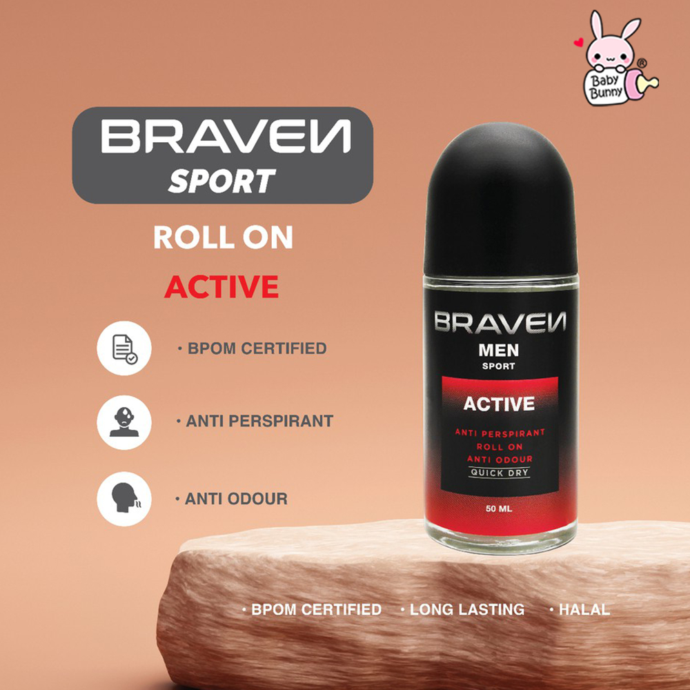 ❤ BELIA ❤ BRAVEN Men Sport Anti Perspirant Roll On Anti Odour 50ml | Deo Roll On | Deodorant | Quick Dry | Baby Bunny