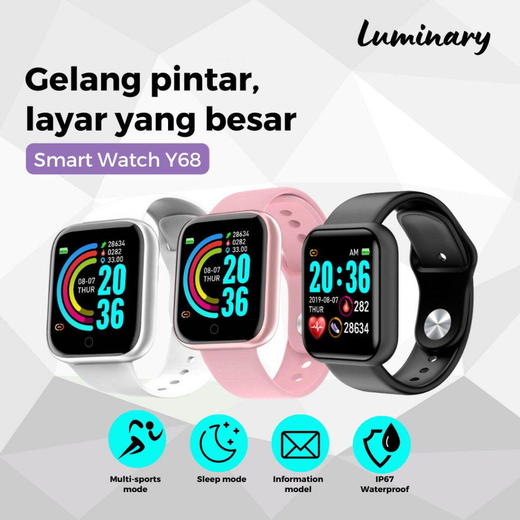 Smartwatch Y68 Sport Tahan Air Bluetooth Smart Watch Pelacak Kebugaran Gelang Pedometer Heart Rate