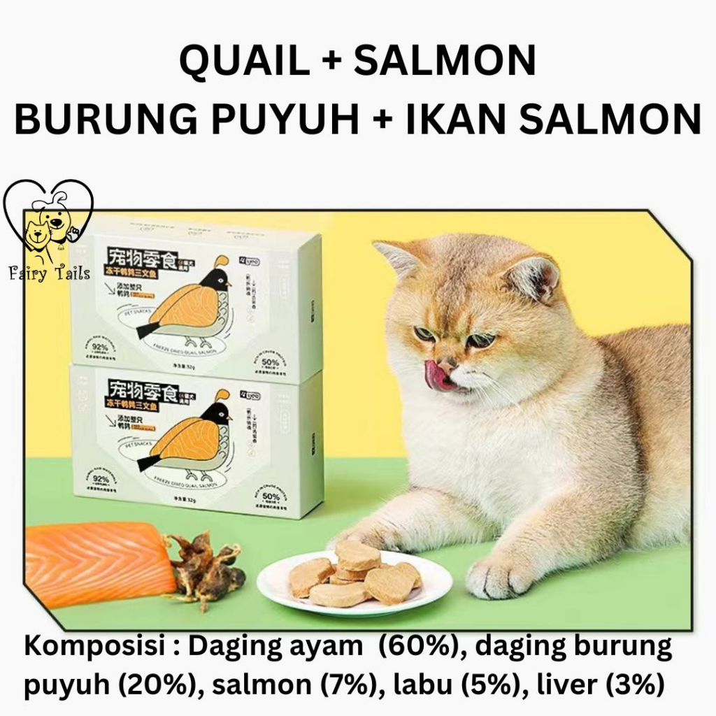 Freeze Dried Snack Cemilan Daging Beku Ayam Burung Ikan Salmon Atau Ikan Hiu Untuk Kucing / Freeze Dried Raw Meat from Chicken Quail Salmon and Shark for Cat