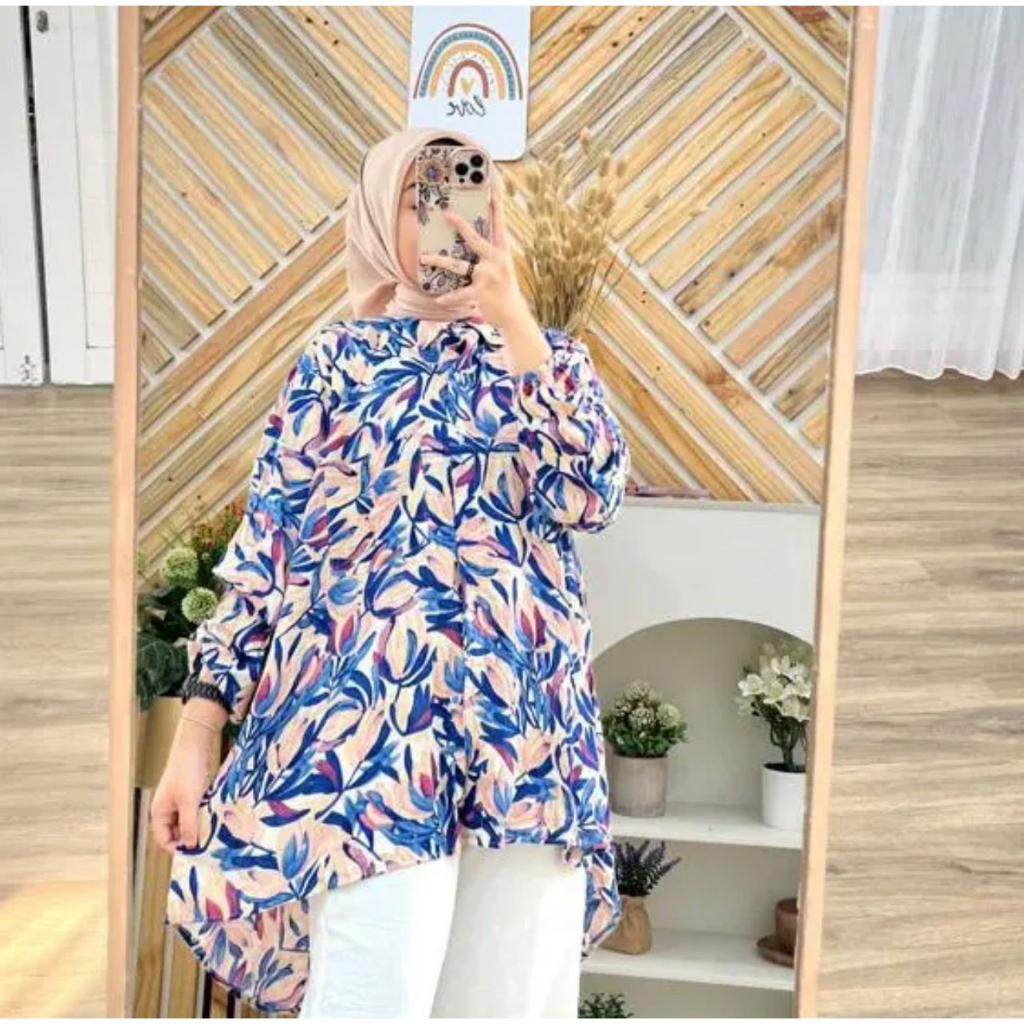 Kemeja Oversize Rayon Viscos Motif Adem Atasan Wanita Jumbo Full Kancing OOTD Wanita Terlaris