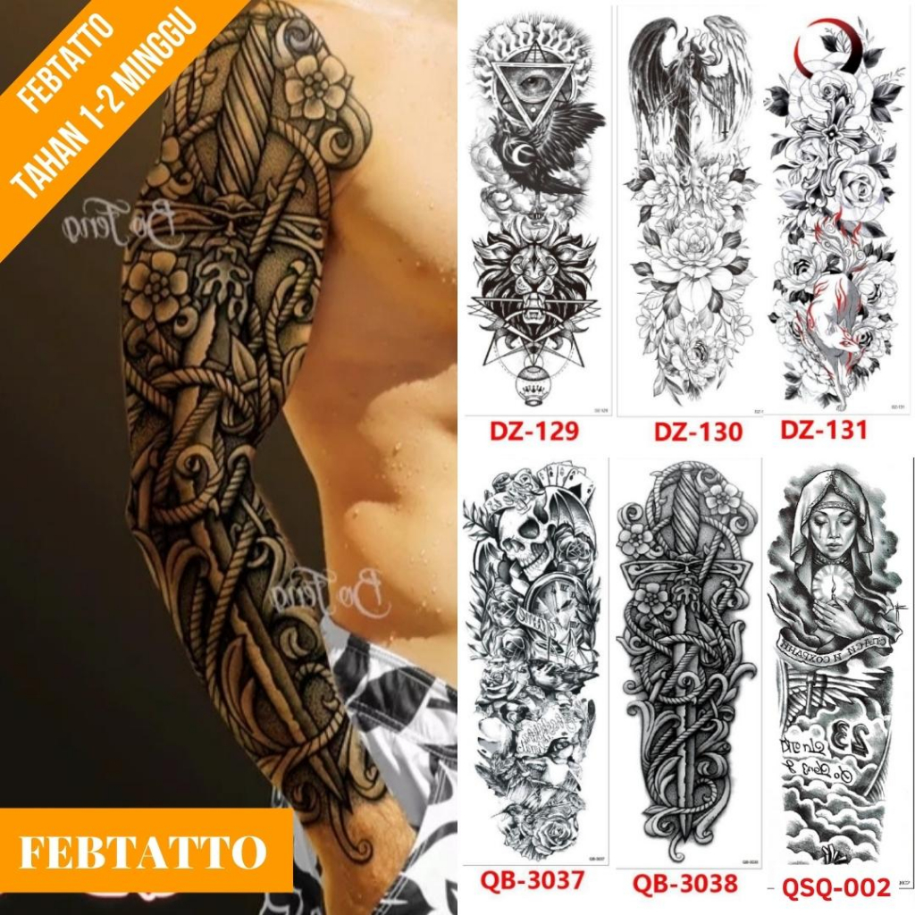 Tato Temporer Ukuran 17cmx48cm Motif Aesthetic Tatto Temporary Stiker Tato Halal Grosir Tato air motif iluminati, perempuan sayap, bunga, tengkorak, tribal, biarawati QB- 3038