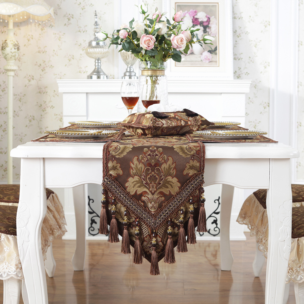 European Table Runner / Taplak Meja Tamu Tebal Bordir Timbul Meja Makan Buffet Premium  Elegant Panjang Tassel Rumbai