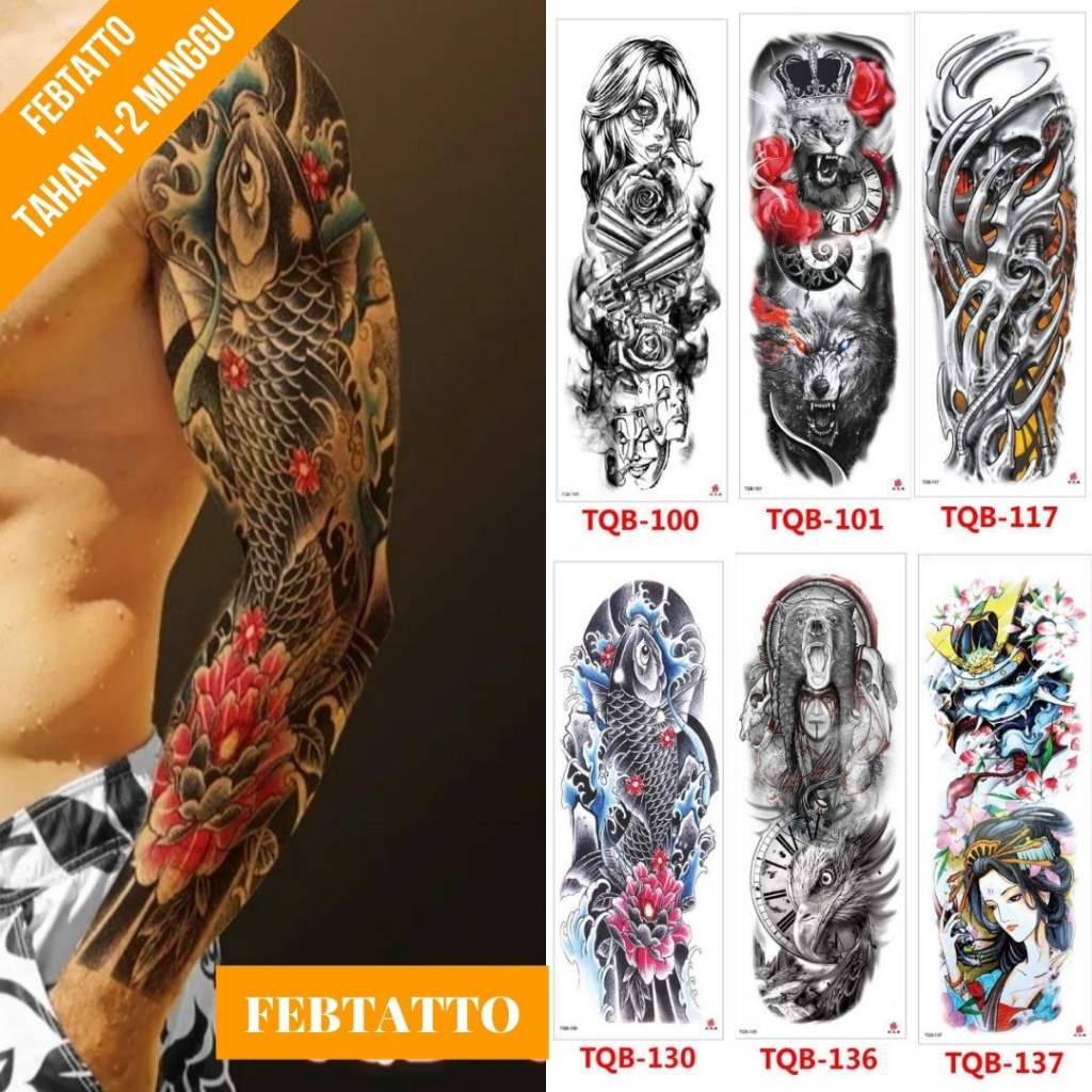 Tato Temporer Ukuran 17cmx48cm Motif Aesthetic Tatto Temporary Stiker Tato Halal Grosir Tato air motif perempuan, macan, tengkorak, ikan, burung elang, ghesia TQB 130