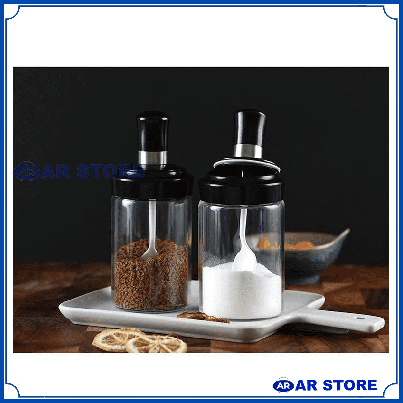 AR Botol Tempat Bumbu Dapur Kaca + Sendok / Wadah Penyimpanan Kopi Gula Garam Micin Lada Merica Kecap Saus Seasoning Bottle Glass Aesthetic Kedap Udara Serbaguna