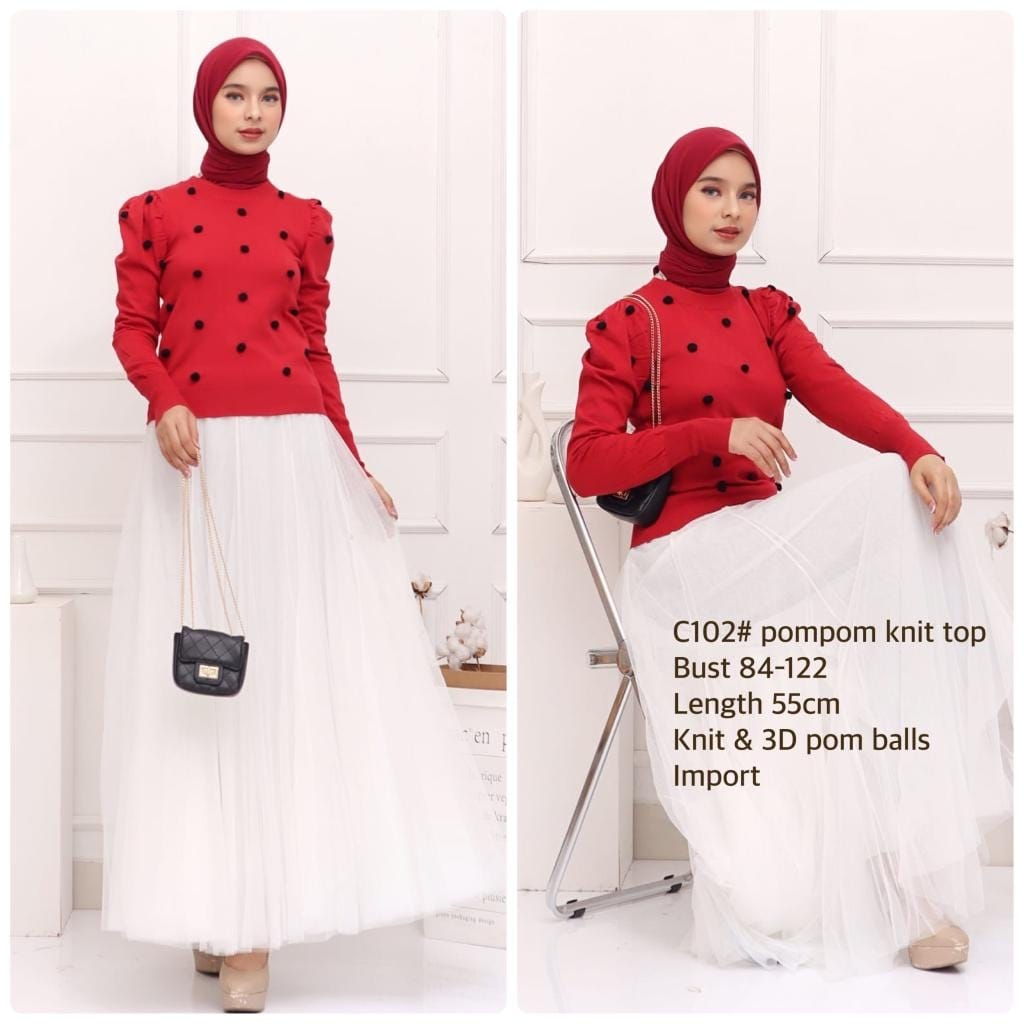 Pompom Knit Top Blouse Rajut Wanita model Pompom HOPYLOVY