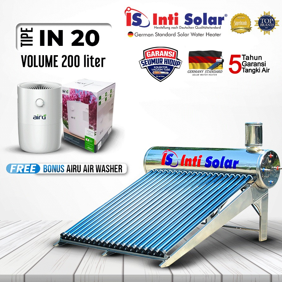 WATER HEATER / PEMANAS AIR TENAGA SURYA INTI SOLAR 20 IN 200 LITER STAINLESS STEEL ORIGINAL