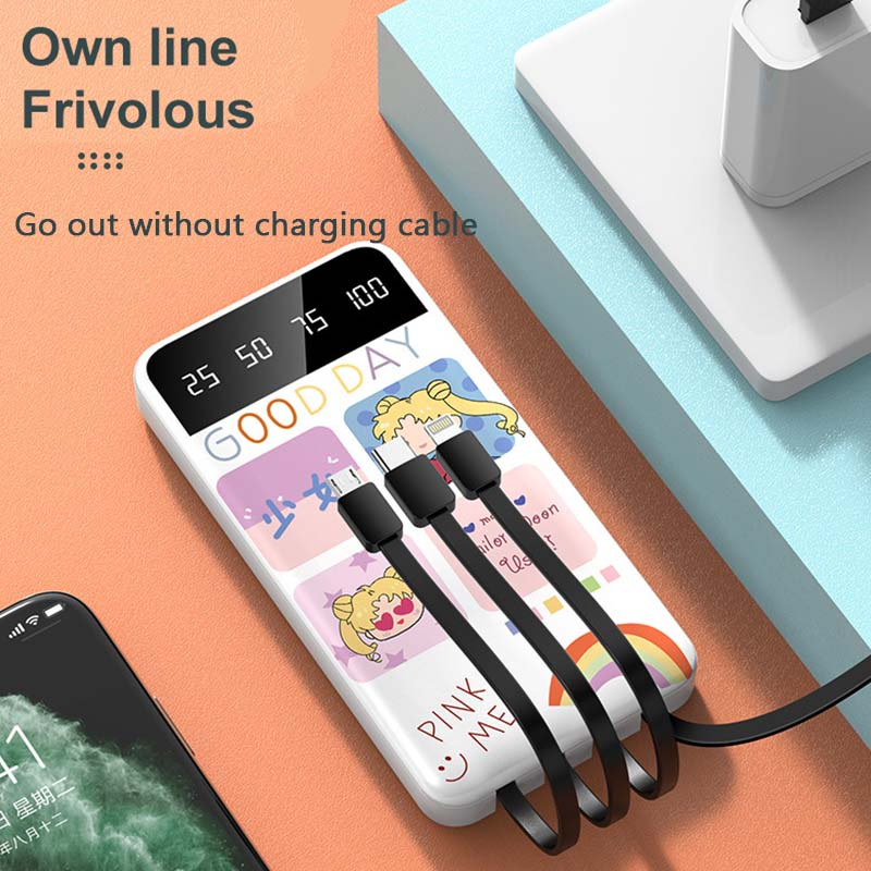 100% Ori 20000mAH Powerbank Fast Charging 4 Kabel PowerBank iphone USB C Pawer Bank Portable 2.1A Quick Charge TYPE C Built in Cable 5in1 Dual Usb XIAOMI , SAMSUNG , OPPO Kartun External Battery for IPhone 11 12 13pro with LED Light powet bank powerbeng