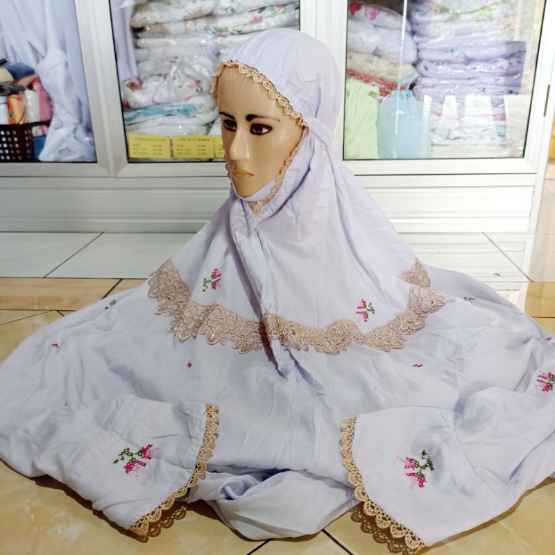 Agen grosir mukena terusan lajuran rukuh katun putih polino rayon renda prada bordir strimin simpel 