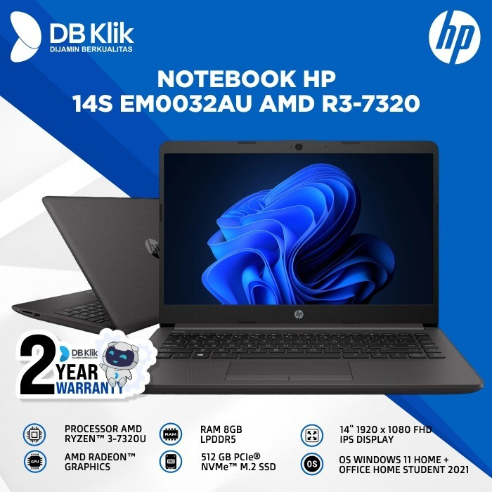 Notebook HP 14S EM0032AU AMD R3-7320 8GB SSD 512GB NoDVD WIN11+OHS 14&quot;