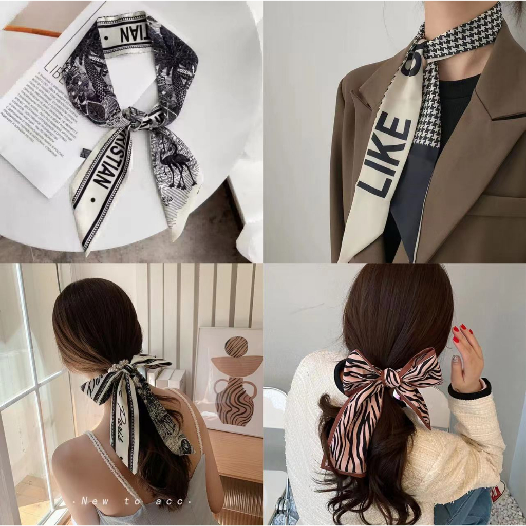 Syal pita rambut sutra kecil wanita syal sutra imitasi double-layer panjang sempit syal Kartu Tarot pembungkus tas menangani pita syal sutra Ikat kepala pencetakan100*6cm