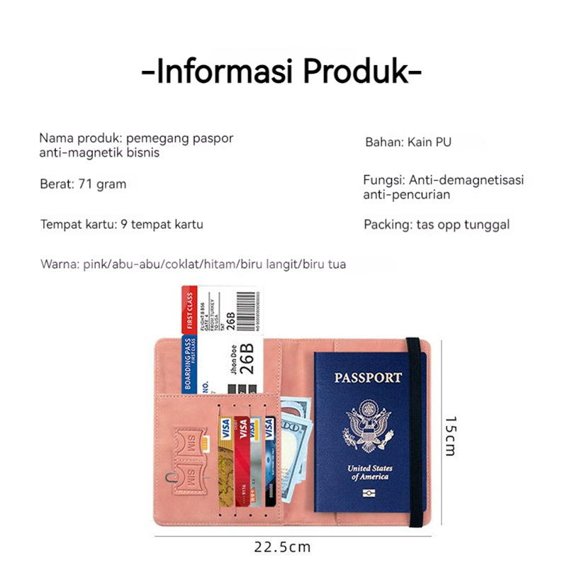 Tas paspor RFID pu kulit multi-fungsi dapat menempatkan kartu SIM tas dokumen kulit tempat pemegang paspor