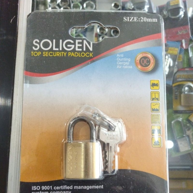 gembok kuningan soligen 20mm/kunci gembok pintu pagar 20mm soligen ( anak kunci 3pc)