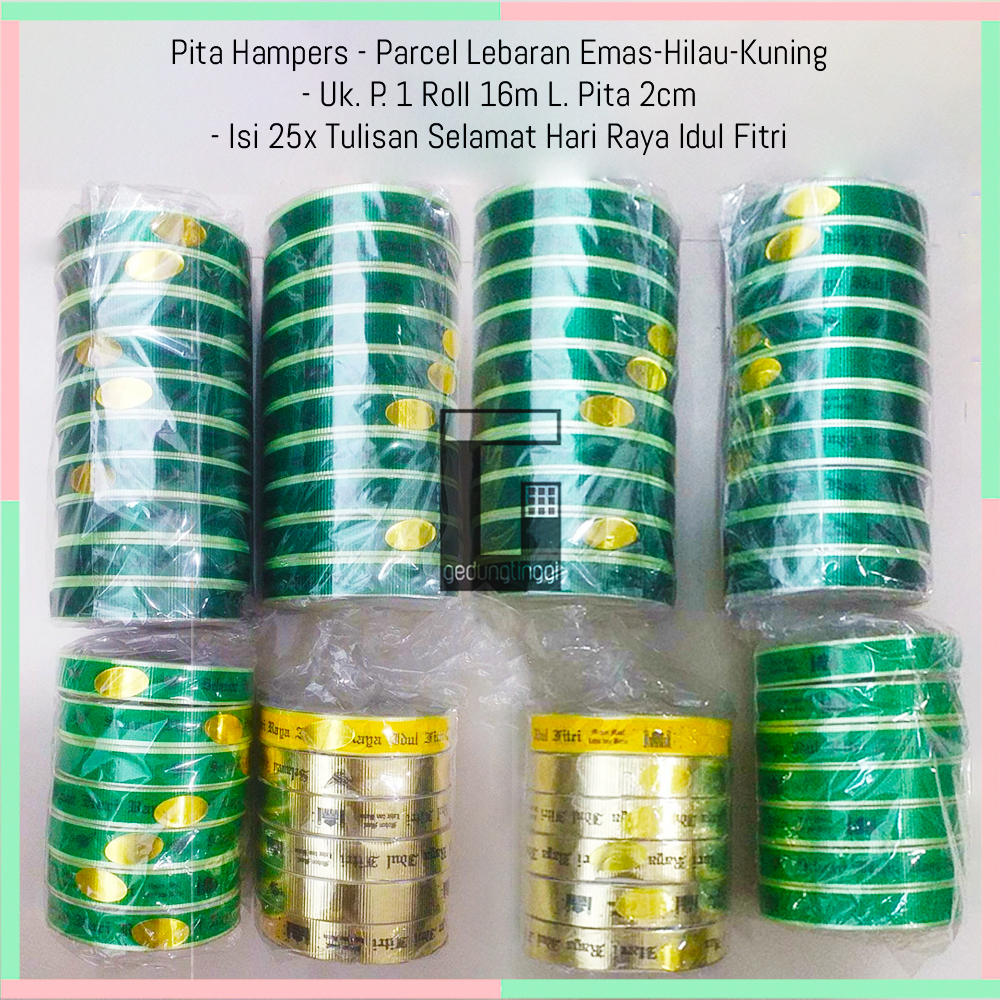 

Pita Ribbon Bungkus Packaging Kado Box Kotak Tutupan Tutup Toples Kue Hampers Parcel Parsel Satin Jepang Tulisan Lebel Label Serut Lebaran Selamat Hari Raya Idul Fitri Eid Mubarak Per 1 Satu Roll Rol Hijau Green Kuning Emas Gold Silver Perak Murah