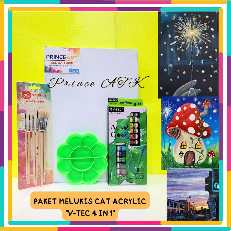 

PAKET MELUKIS CAT ACRYLIC V-TEC 4 IN 1 Kanvas Ukuran 10x10, 15x15, 20x20 cm (Termasuk Packing Kardus dan B.Wrap)