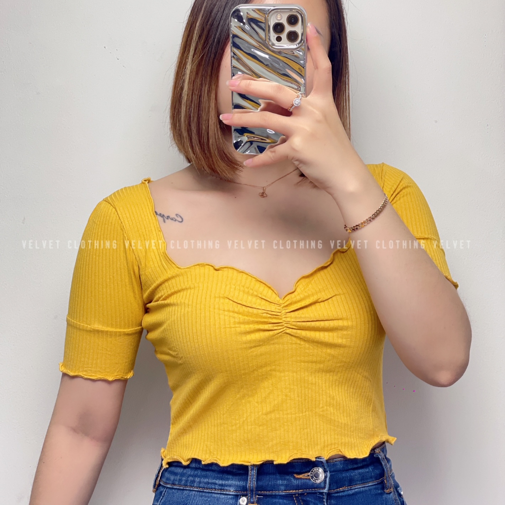 Crop Top Neci Squareneck Rib / Crop Top Polos Neci Wanita / Crop Lengan Pendek Knit Wanita 4166