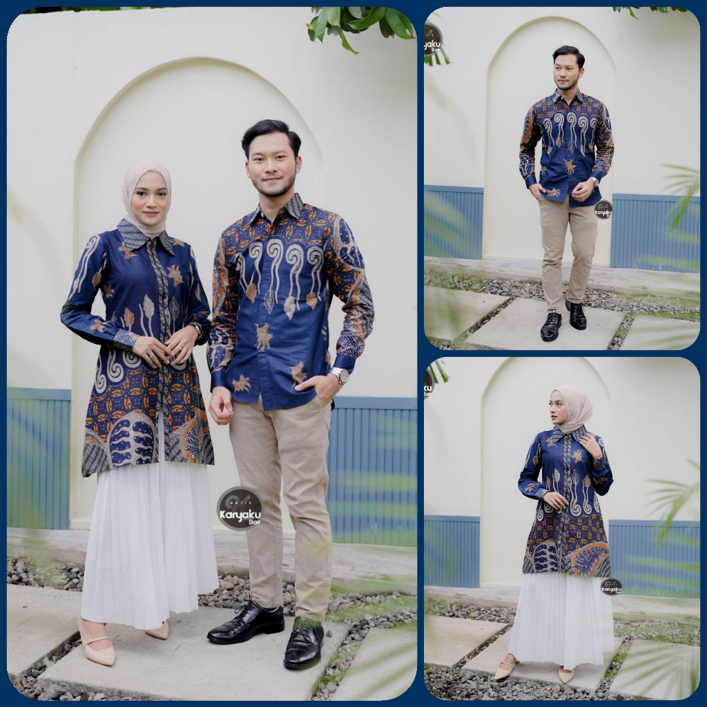 BATIK COUPLE MODERN MOTIF LARASATI NAVI KEMEJA &amp; TUNIK BATIK ZIPER RESLETING DEPAN ATASAN BATIK WANITA BATIK PRIA