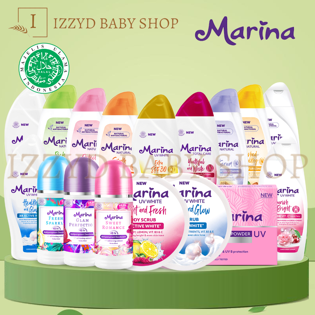 Marina deodorant / hand &amp; body lotion uv white (healthy n glow, e collagen asta, hydro cool, bright n fresh) total care (youthfull &amp; white) 92 ml, 185 ml, 460ml, compact powder brighten up 12 gr