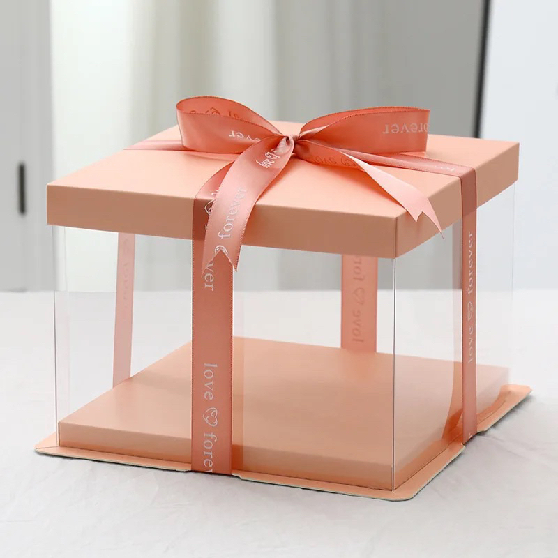 

cake box mika transparant tinggi viral BLACK WHITE PINK LID - 17 x 17 x 12,5 cm (TANPA PITA)