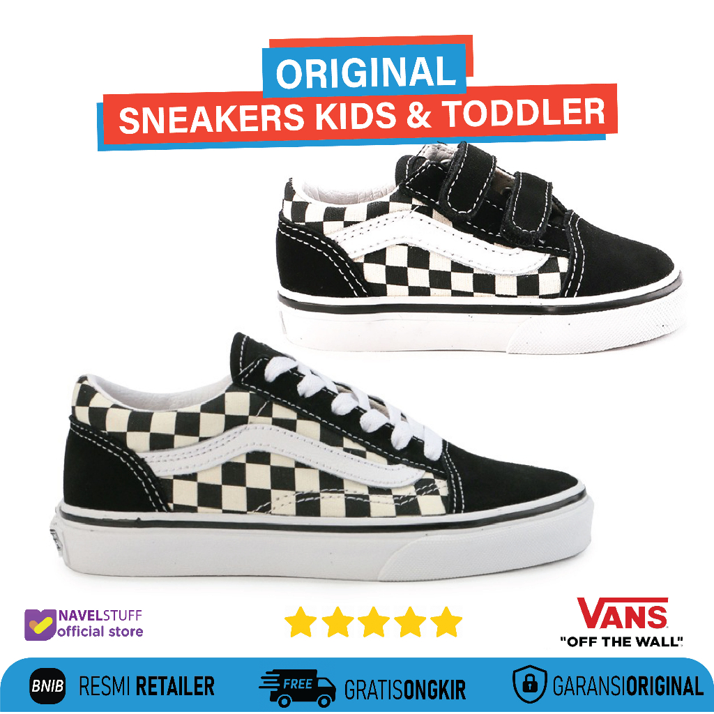 VANS Toddler Kids Old Skool Velcro Primary Chekerboard Black White Sepatu Anak Laki Laki & Perempuan
