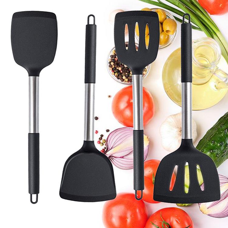 Spatula Sendok sodet Sutil penggorengan Stainless Steel Silicone Handle teflon wajan cekung goreng anti legket hitam kualitas premium tebal