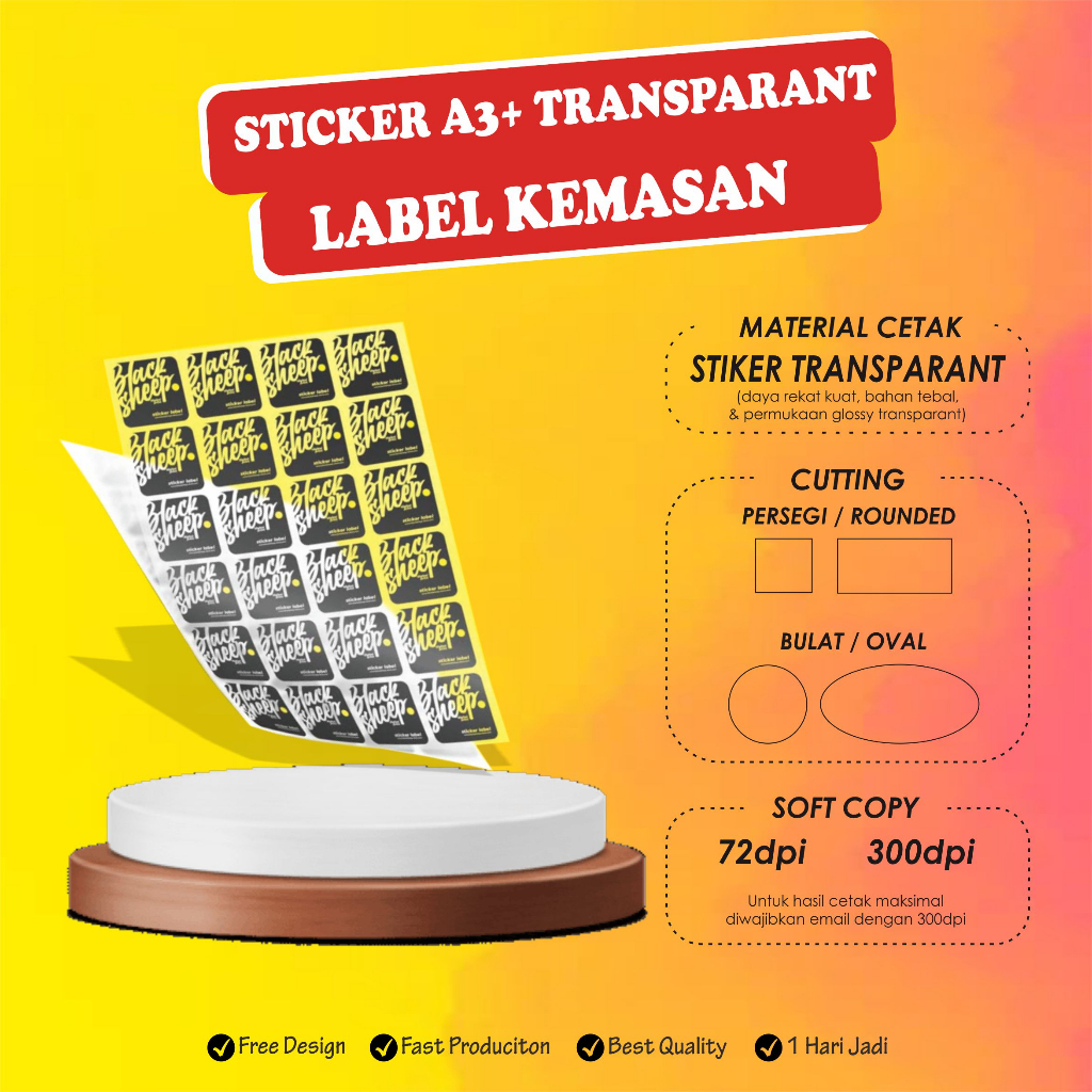 

STICKER LABEL KEMASAN A3+ BAHAN STICKER VYNIL TRANSPARANT MINIM PESAN 3 LEMBAR