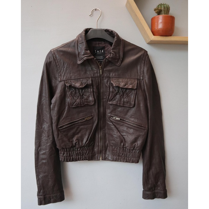 Jaket kulit asli TATE crop cewek bomber pl bekas preloved second