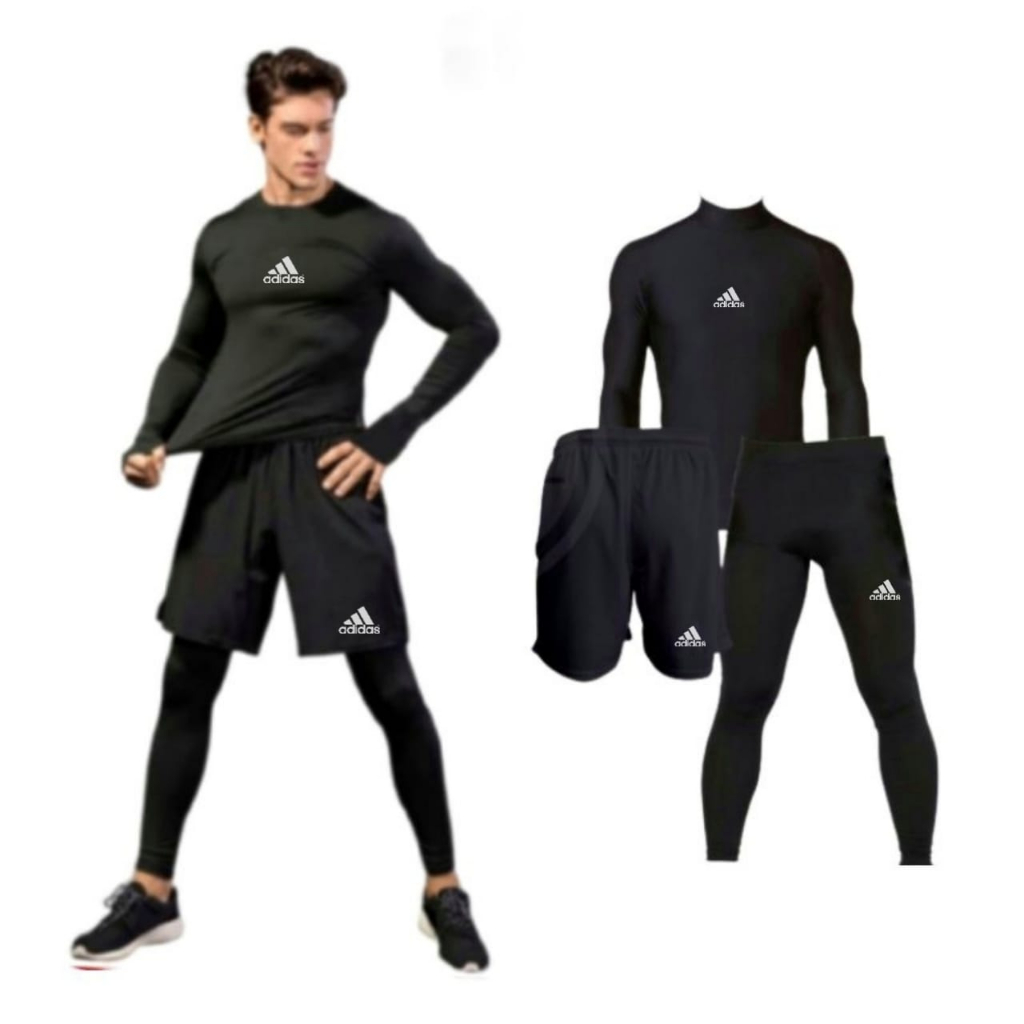 3in1 Set Baju Manset Panjang Celana Legging Olahraga dan Celana Pencek Olahraga Pria Wanita Jogging Sepak Bola