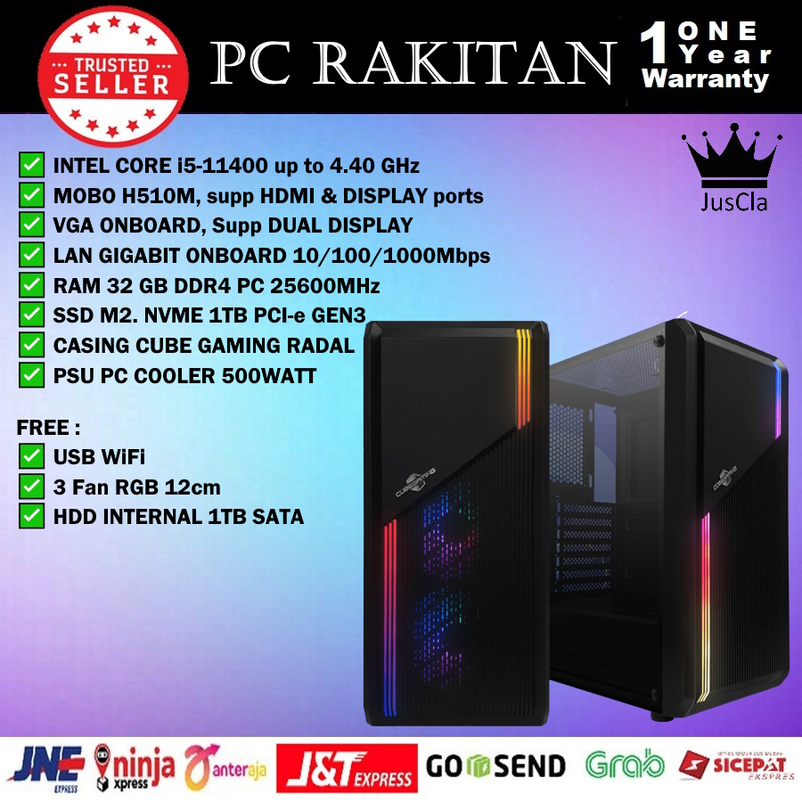 PC Komputer INTEL CORE i5-11400 4,4GHz |RAM 32GB|SSD 1TB M.2 NVME|HDD 1TB|WiFi, Komputer Rakitan, PC Gaming/Desain/Admin/Office Baru Bergaransi 1 Tahun