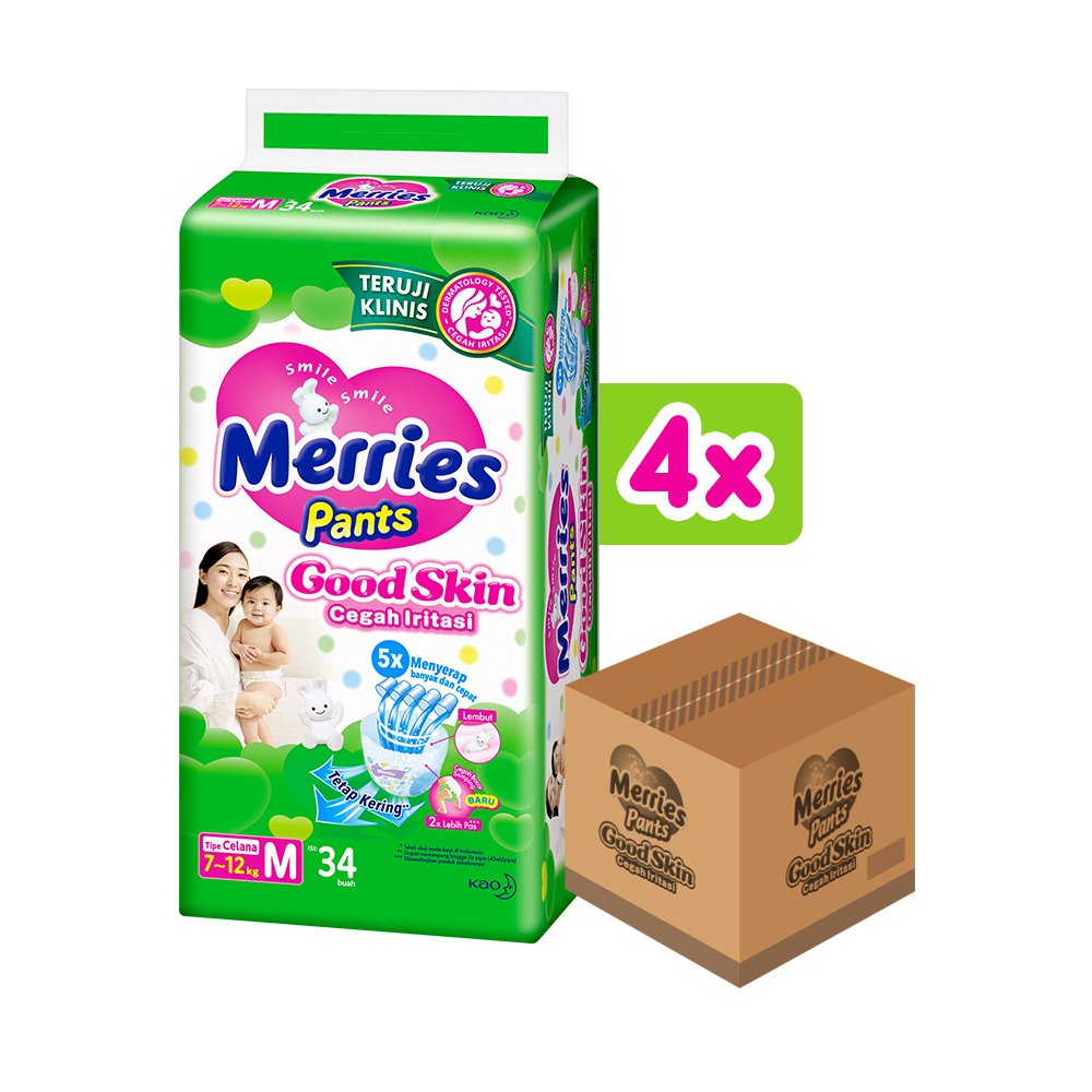 Merries Good Skin Pants Popok Perlengkapan Bayi M(7 - 12)kg Kurangi Risiko Alergi Pada Kulit Bayi Isi 32+2 Buah Carton