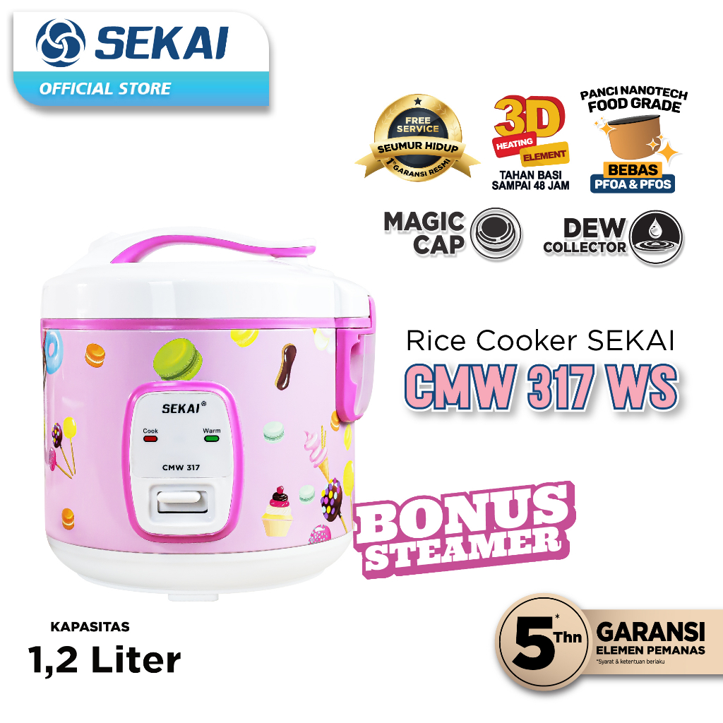 SEKAI Rice Cooker Penanak Nasi Magic Com Kecil 1,2 liter CMW 316 TS / 317 WS + Steamer