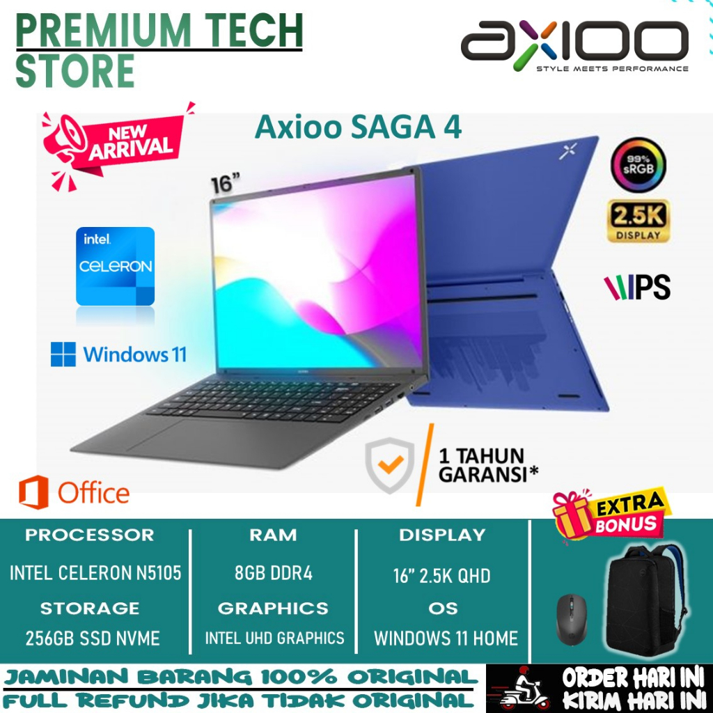 Laptop Axioo MyBook SAGA 4 Intel N5105 RAM 8GB 256GB NVMe 16&quot; 2,5K IPS Display Windows 11 Home Original