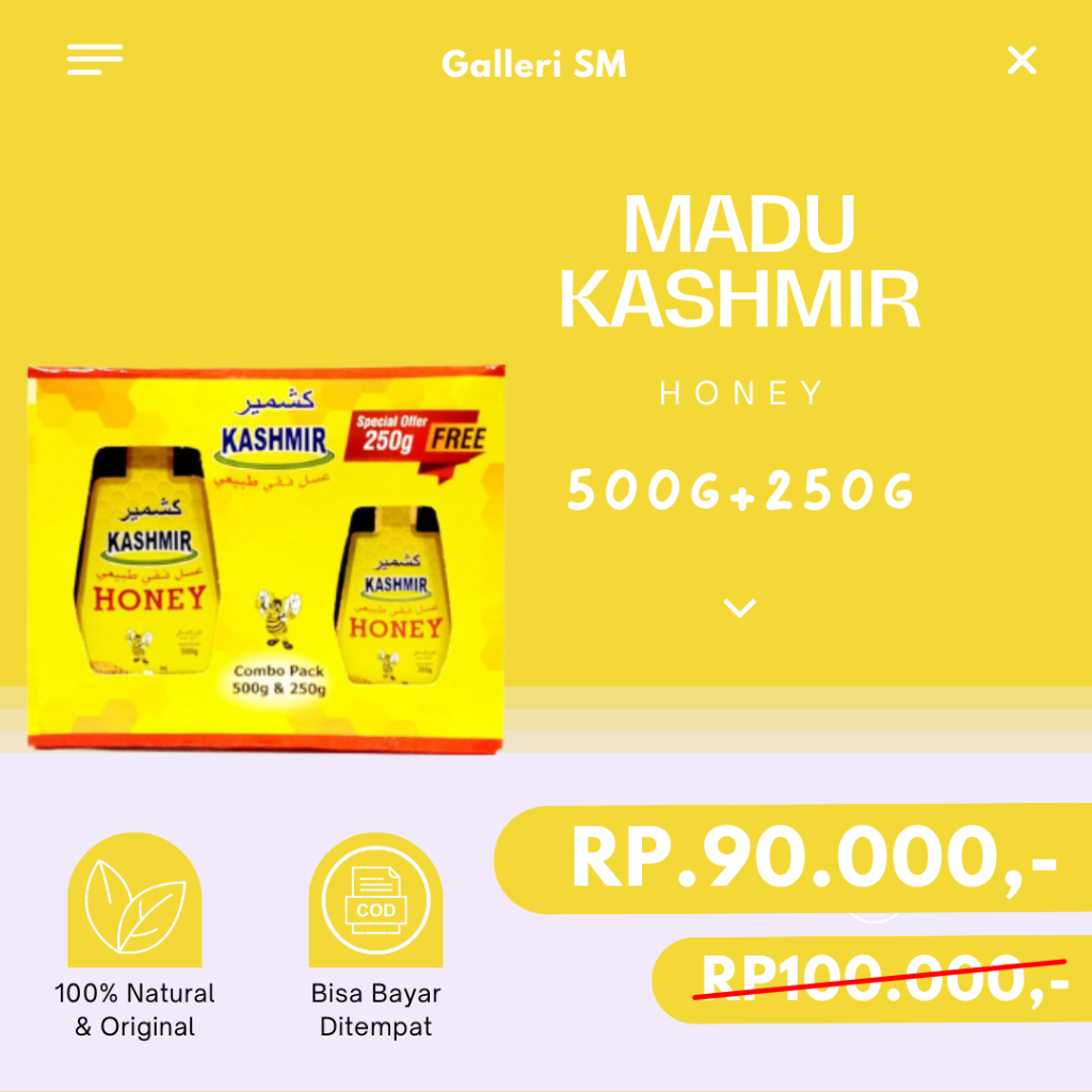 

Madu Kashmir 500gram Bonus 250gram Madu Murni Combo Pack Original