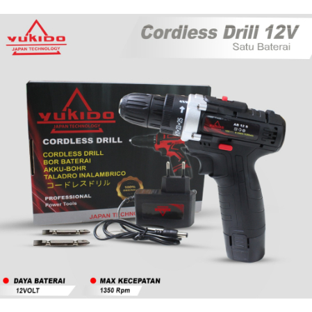 BERGARANSI NEW YUKIDO 12S Mesin Bor 10MM ONLY BATRAI YUKIDO HITAM JLD Cordless Screwdriver DC 12v bor listrik murah promo komplit