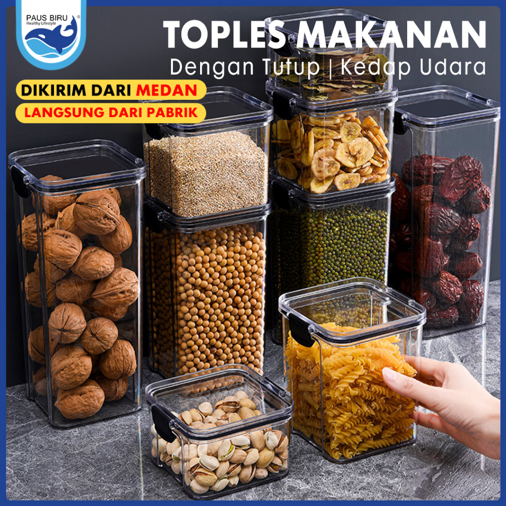 Paus Biru - Toples Kotak Snack Kedap Udara Penyimpanan Bening Cereal Kontainer Makanan Food Storage 