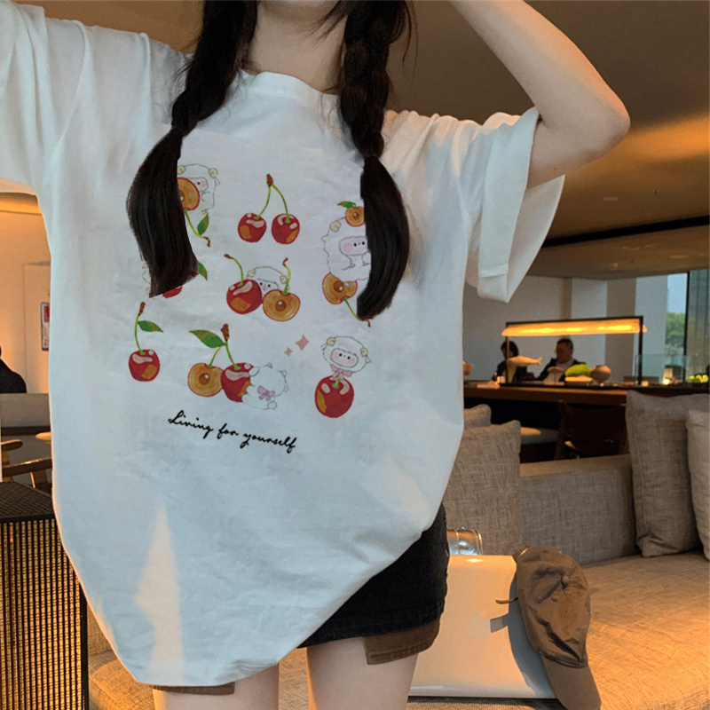 Print T-shirt Kaos Lengan Pendek Cartoon Little Cherry Baju Wanita Oversize Korean Style