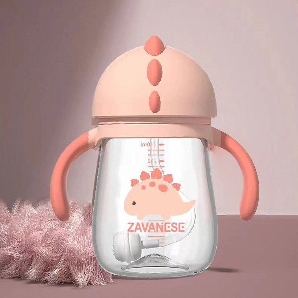 *COD* Botol Minum Bayi Zavanese 2in1& 3in 1 Dot dan Sedotan 240 & 300 ml Training Cup Karakter BPA Free-Dino Pink