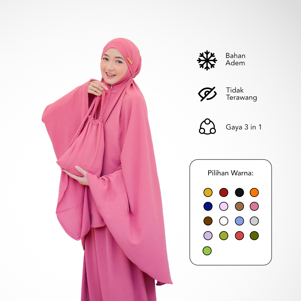 Lesty Mukena Dewasa 3 in 1 Crincle Airflow Polos Premium Jumbo Warna (Kubus, Marron, Hitam, Navy, Ungu Light, Coksu, Dark Brown, Putih, Denim, Lavender, Greentea, Bata, Fanta, Dusty Pink, Silver, Hijau Muda, Army) Sakura