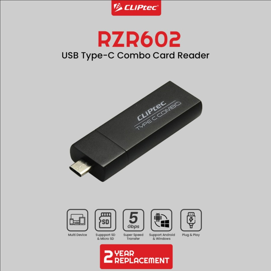 Type-c card reader direct cliptec SD TF micro sd w/ usb A 3.0 hub 5Gbps rzr-602 - pembaca kartu memori rzr602