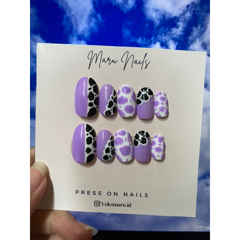 Press on nails Moo Art/ kuku palsu motif sapi/ fake nails/ kuku palsu/ nail gel/ yokomaru.id