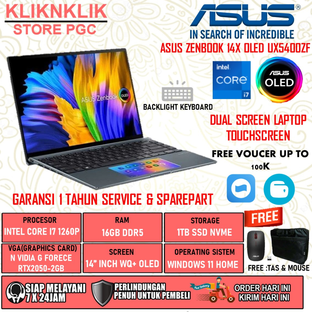 LAPTO ASUS ZENBOOK 14X OLED UX5400ZF INTEL CORE I7 1260P RAM 16GB 1TB SSD RTX 2050-GB TOUCHSCREEN WINDOWS 11 HOME