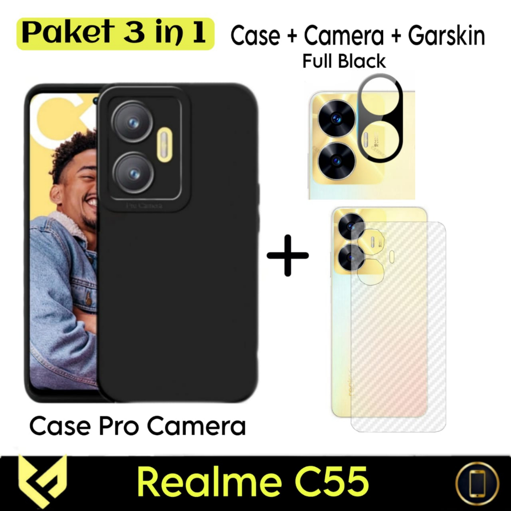 PROMO Paket 3IN1 Case Pro Camera Black For REALME C55 SoftCase Premium Black Free Tempered Glass Camera &amp; Garskin - FIDS STOR